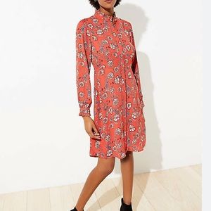 LOFT Floral Burnt Orange Mini Dress shirtdress ruffle tangerine size 14 like new